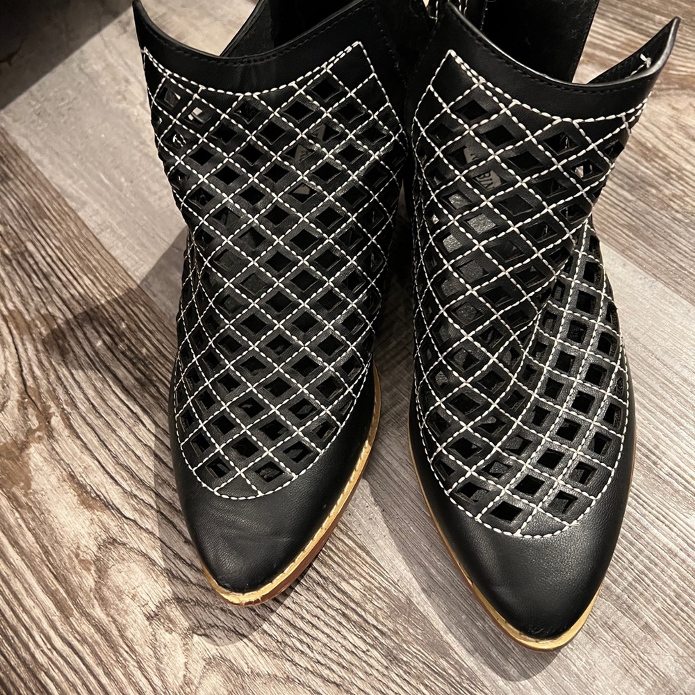 Open mesh faux leather ankle boots